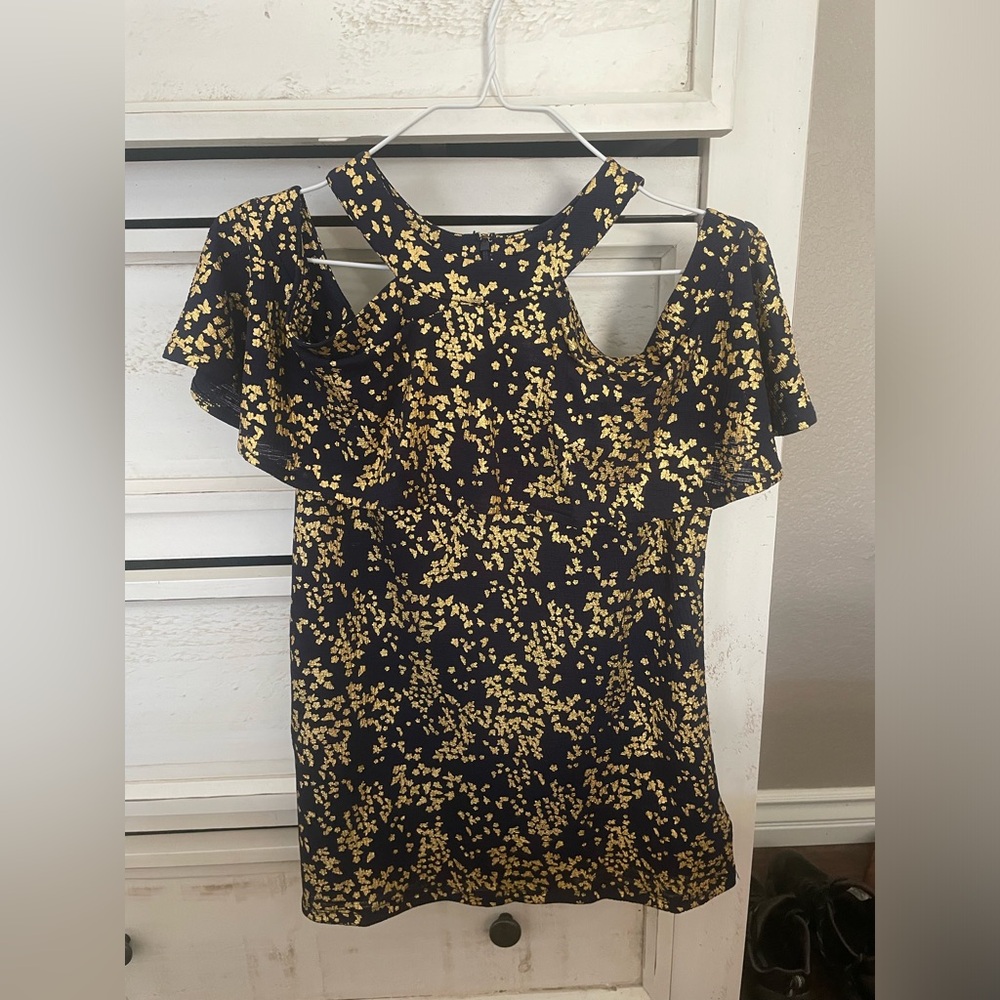 MICHAEL Michael Kors Cold Shoulder Top - Navy and Gold
